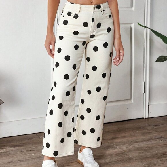 Khaki Casual Women's Color-Block Polka Dot Print Straight Leg Jeans - Picture 4 of 7